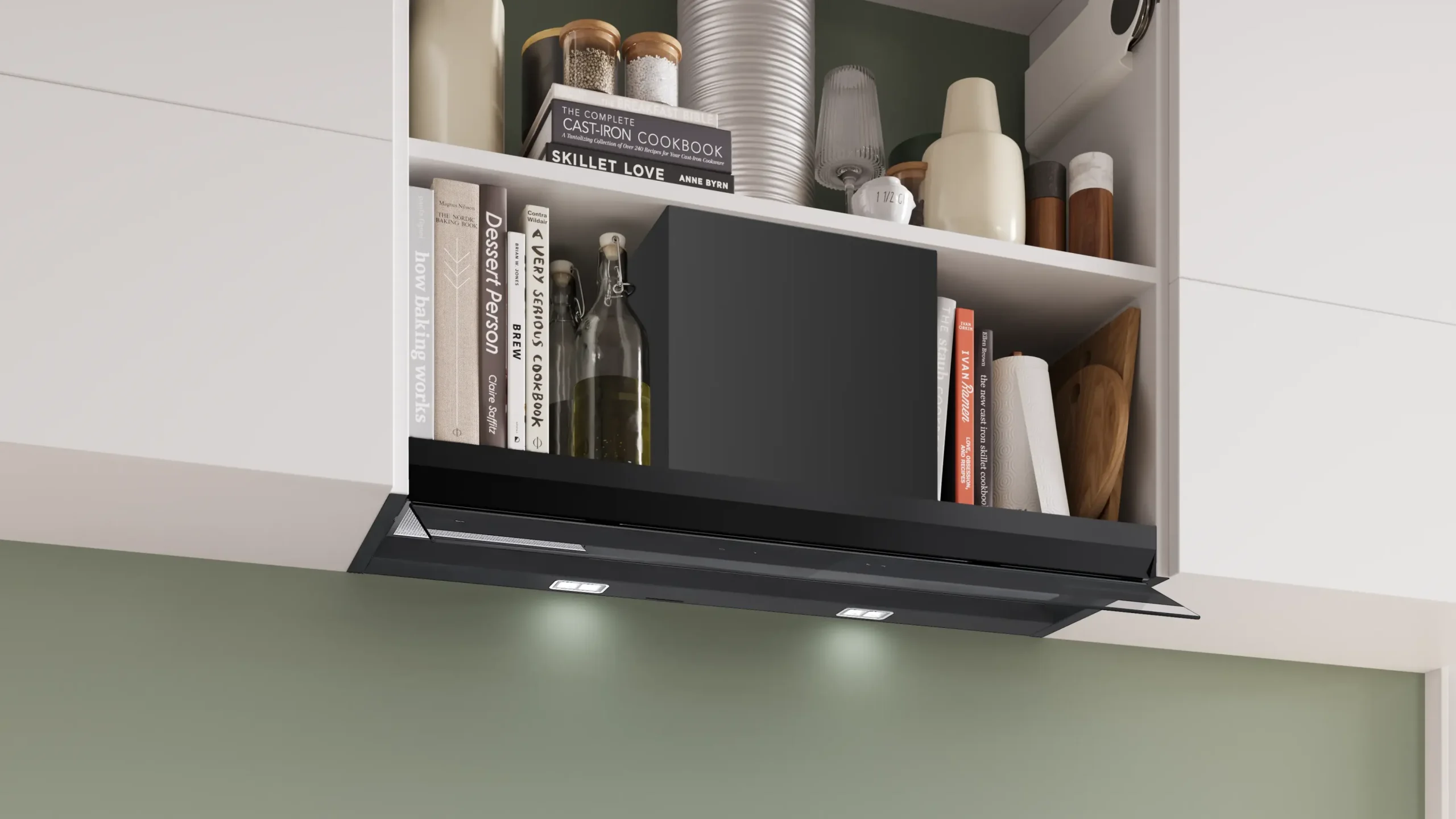 Serie 6 Geïntegreerde blokdesign schouwkap 90 cm zwart glas, Matzwart