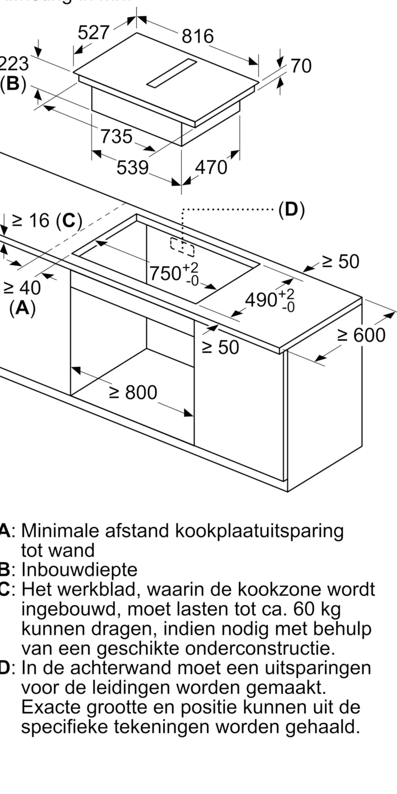 Serie 4 Inductiekookplaat met afzuiging 80 cm opbouwmontage met rand