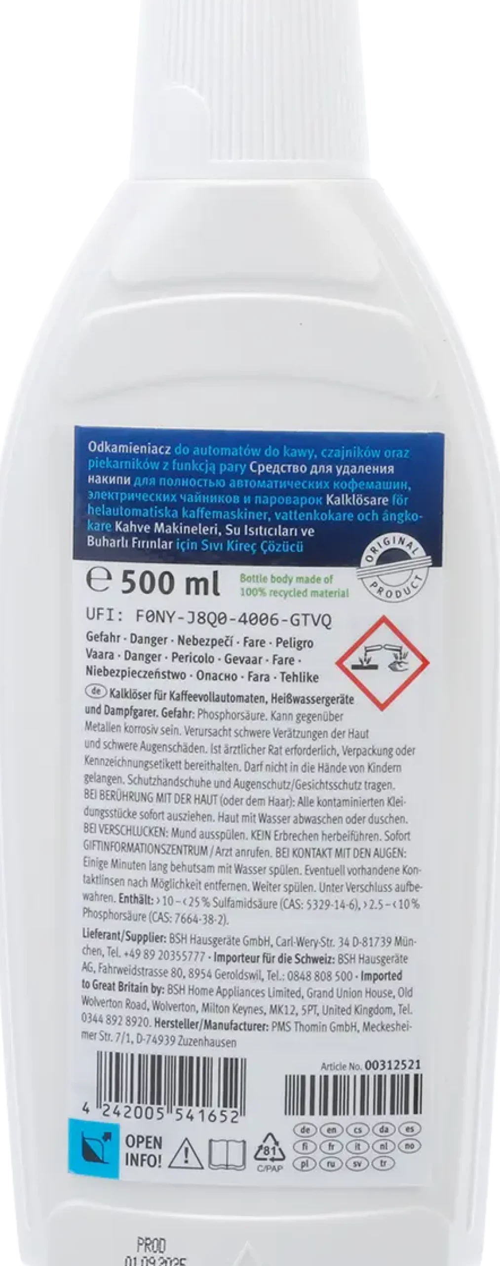 00312521 Vloeibare ontkalker geschikt voor koffiemachines, waterkokers en stoomovens - 500 ML